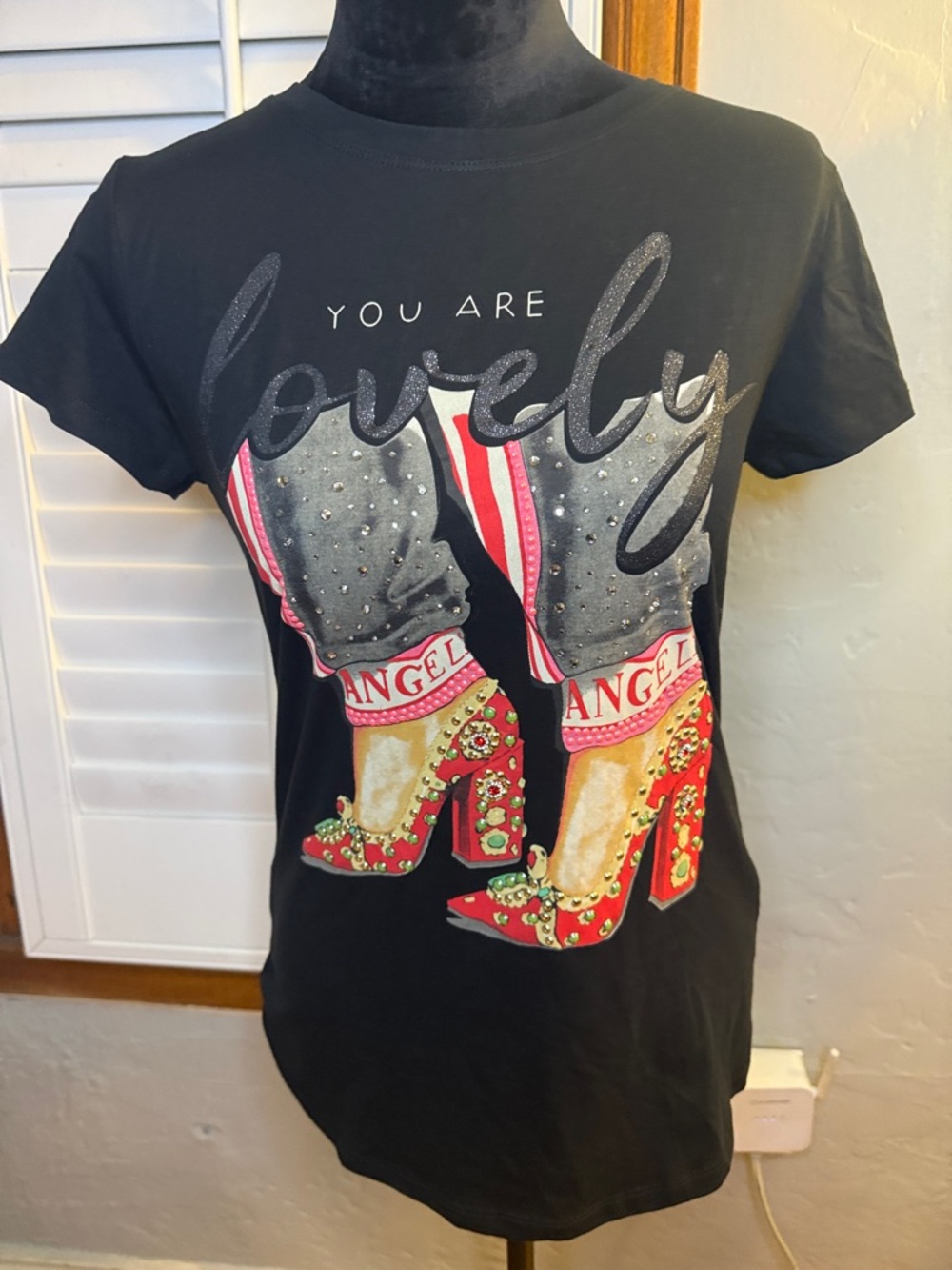 Black Graphic Tee "You Are Lovely" with Embellished Red Heels
